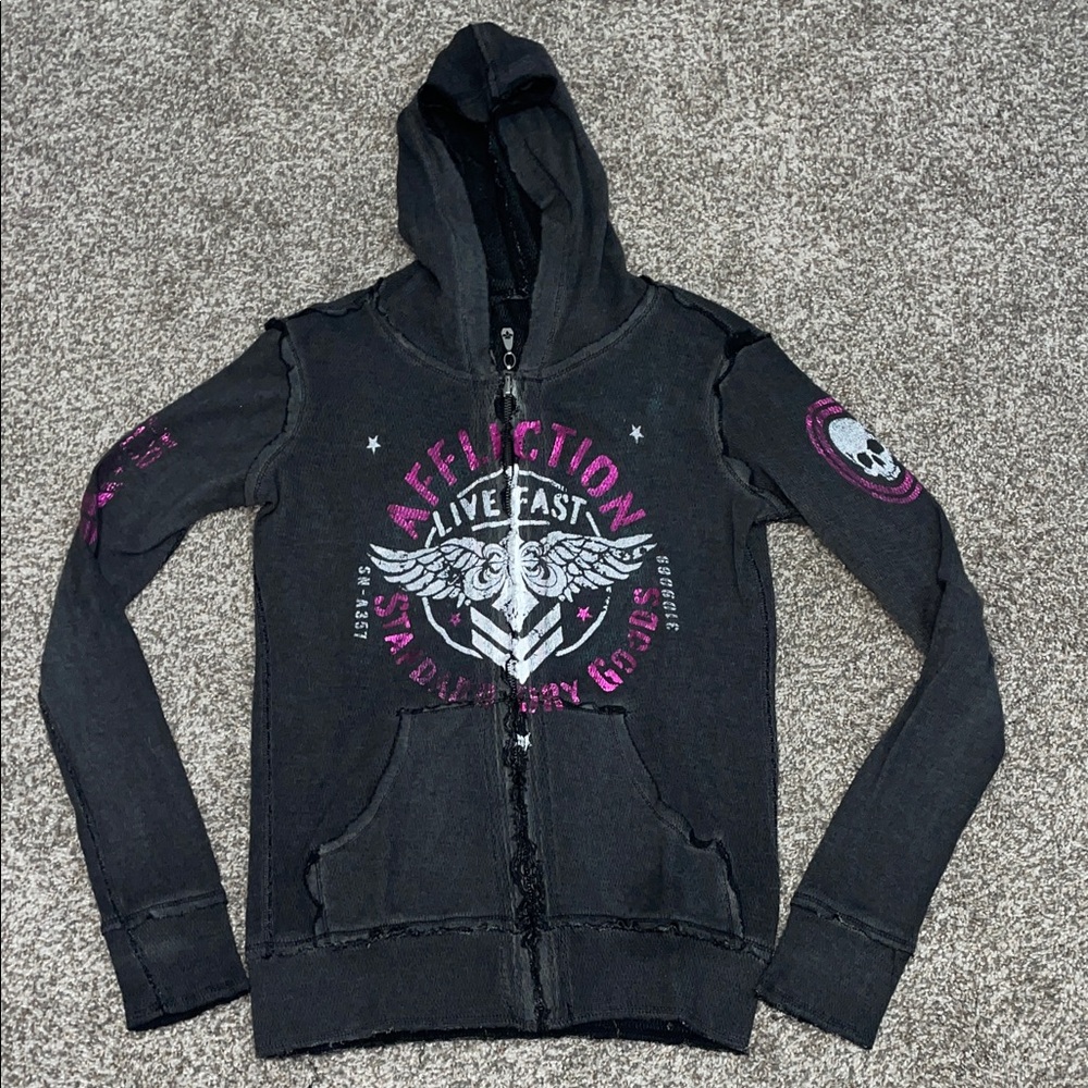 Affliction Charcoal and Magenta Zip-Up Hoodie